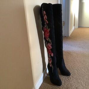 Over the knee embroidered boots black suede like fabric. Size 6